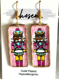 Nutcracker Hand Painted Leather Earring Collection: Pink-Dark Skin Tone-Gold plated frames and hooks