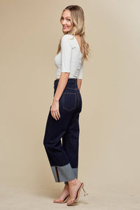 STRAIGHT LEG BOYFRIEND FIT CUFFED JEANS- DARK DENIM