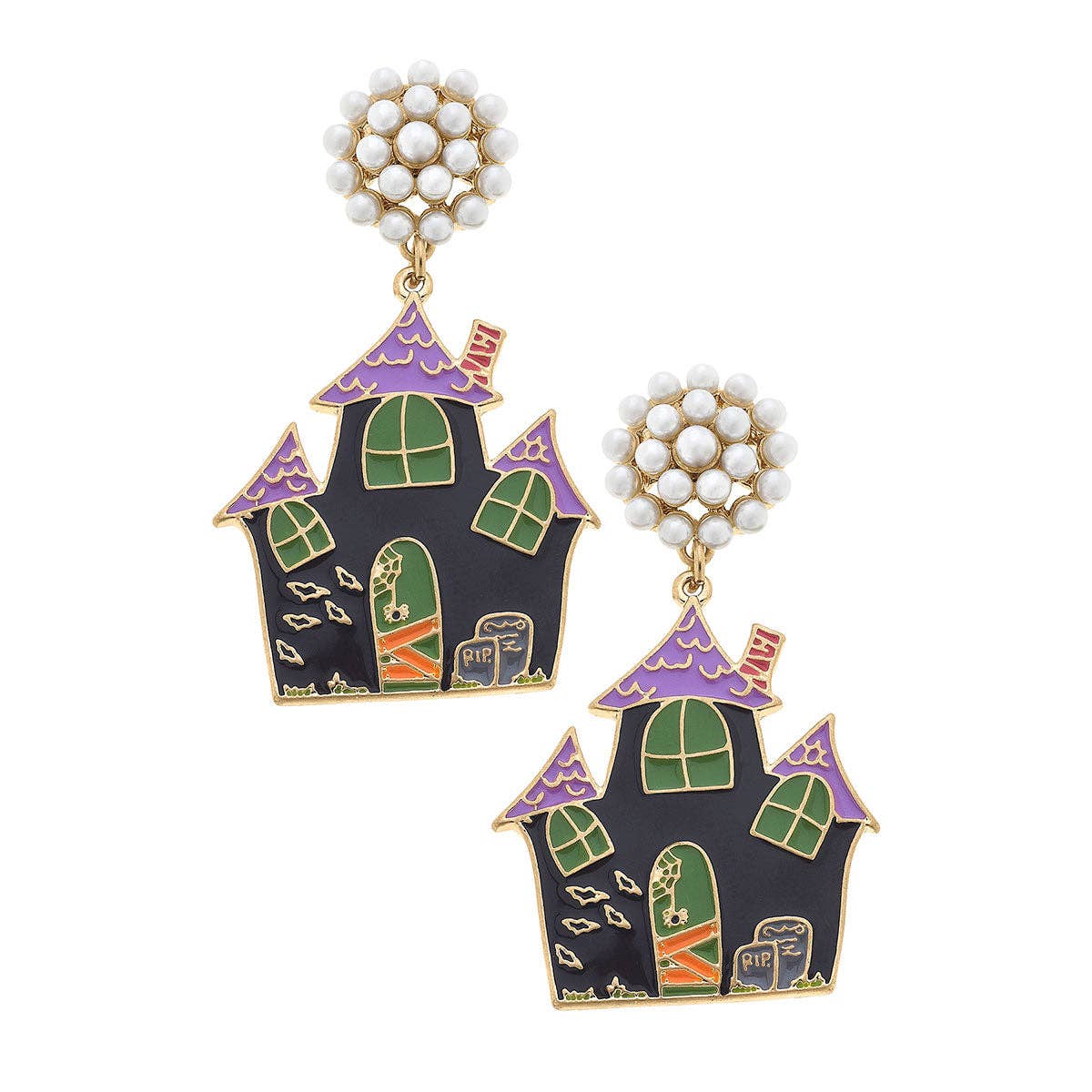 Halloween Enamel Haunted House Earrings in Black/Green/Purple