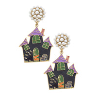 Halloween Enamel Haunted House Earrings in Black/Green/Purple