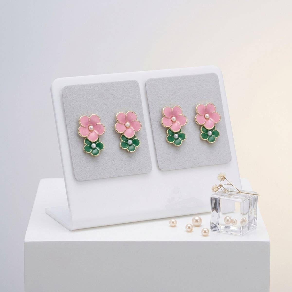 14K Gold Pink Green AKA Double Flower Earrings: Color: Pink and Green / Plating: Gold / Size: 2 x 1.35 inches