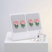 14K Gold Pink Green AKA Double Flower Earrings: Color: Pink and Green / Plating: Gold / Size: 2 x 1.35 inches
