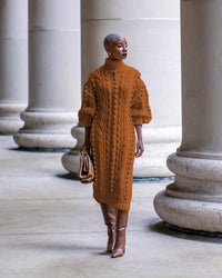Casual high-neck slit knitted long dress: BEIGE / (XXL) 1