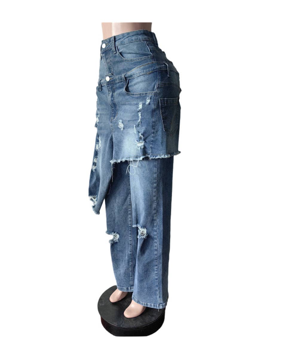 Aria   light Blue Apron Frayed Hem Straight Leg Pant