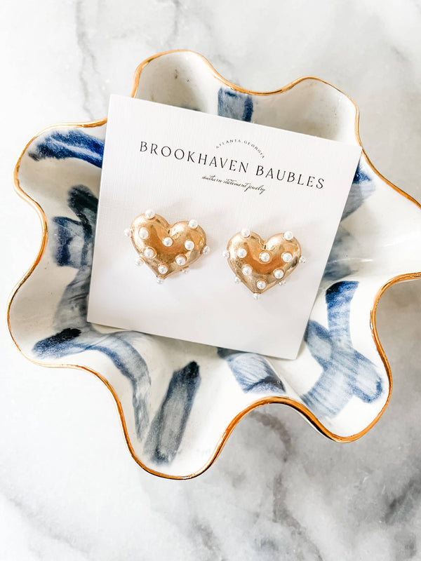 Gold Pearl Heart Statement Studs - Valentine's Xoxo