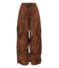 Ruched Drawstring Trousers Wide-Leg Parachute Pants: Green / S