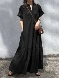 A-Line Loose Solid Color Split-Joint V-Neck Maxi Dresses: KHAKI / S