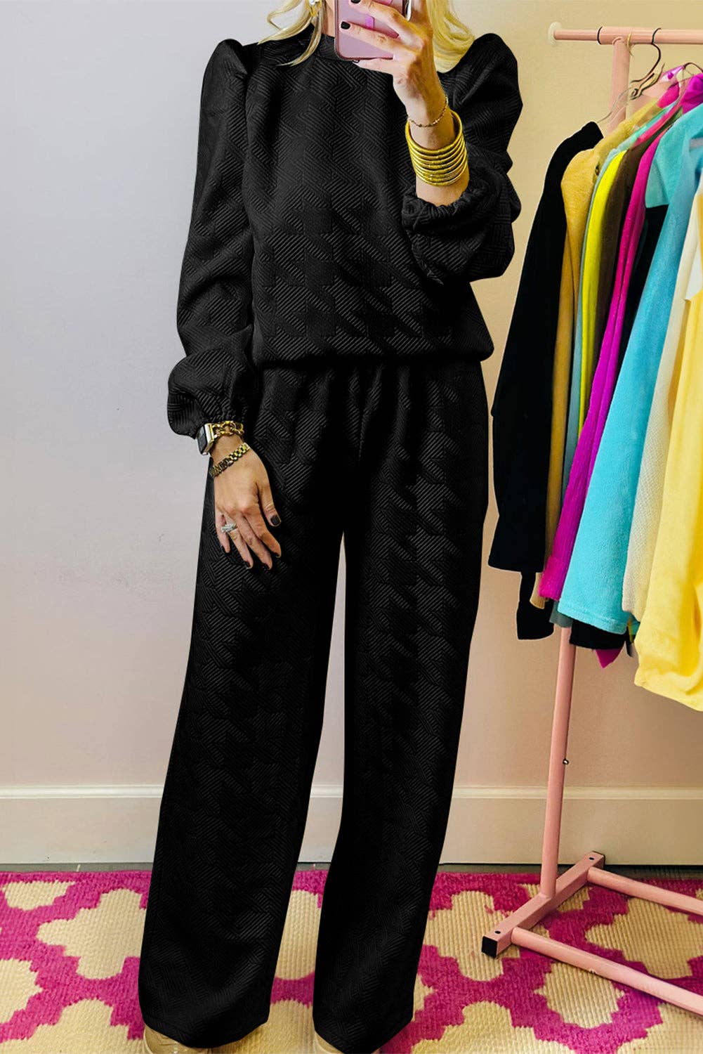 Puff Sleeve Top and Pants Set: Rose Red  or Black