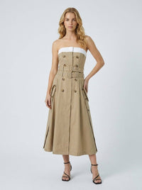 Strapless Trench Style Midi Dress with Double Belt Detail: Beige / S