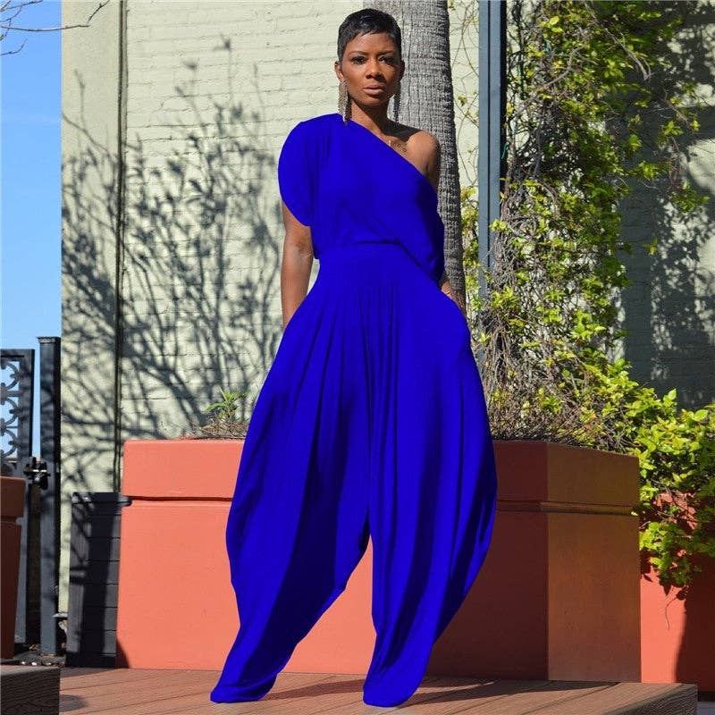Solid Color Off Shoulder Jumpsuit Harem Pants: Red / L