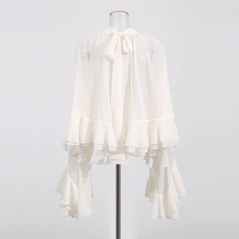 SY636 Layered Ruffle Chiffon Blouse Long Sleeve Chic: Off-White / English / M