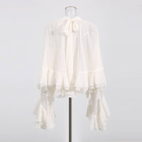 SY636 Layered Ruffle Chiffon Blouse Long Sleeve Chic: Off-White / English / M