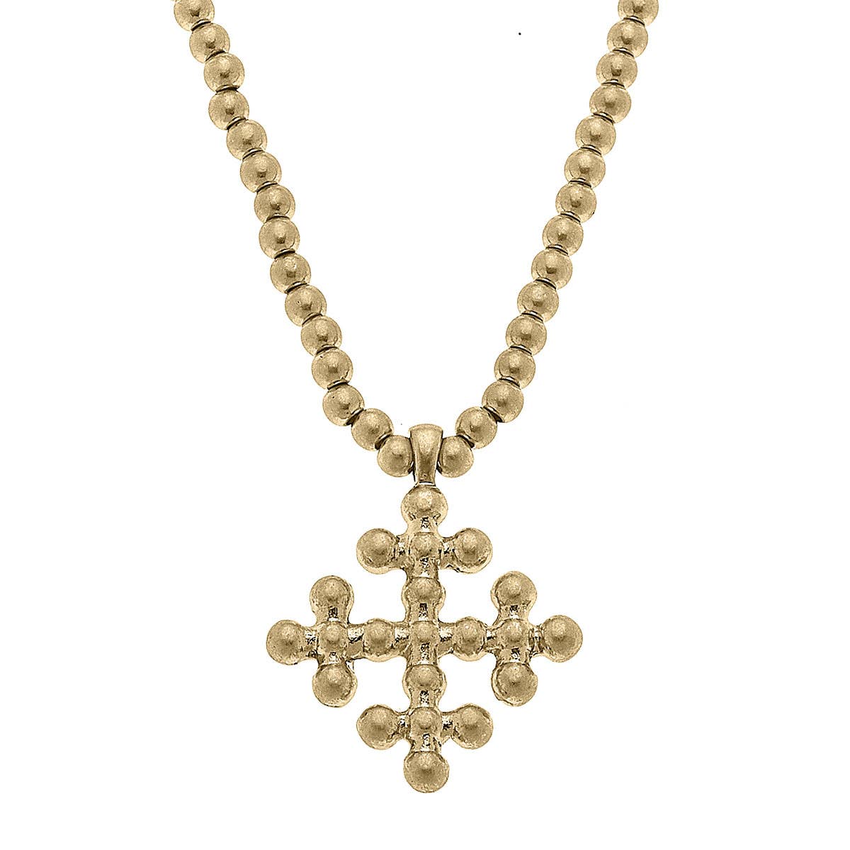 Wren Cross Ball Bead Necklace  or Earrings in Worn Gold