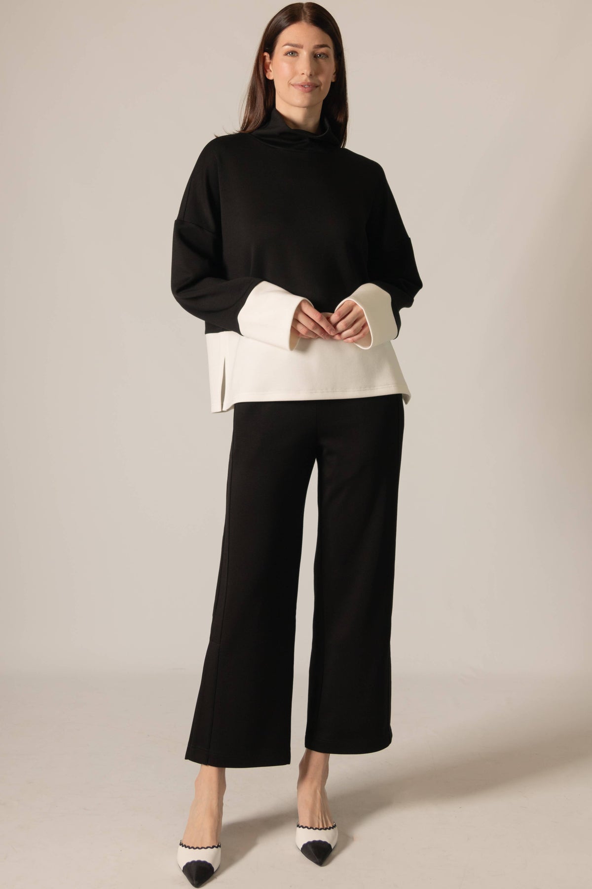P. CILL Butter Modal Color Block Mock Neck Top: Black-Ivory