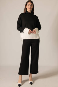 P. CILL Butter Modal Color Block Mock Neck Top: Black-Ivory