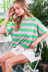 Alexandria Crew Neck Roll-Up Short-Sleeve Pink & Green Stripe Top