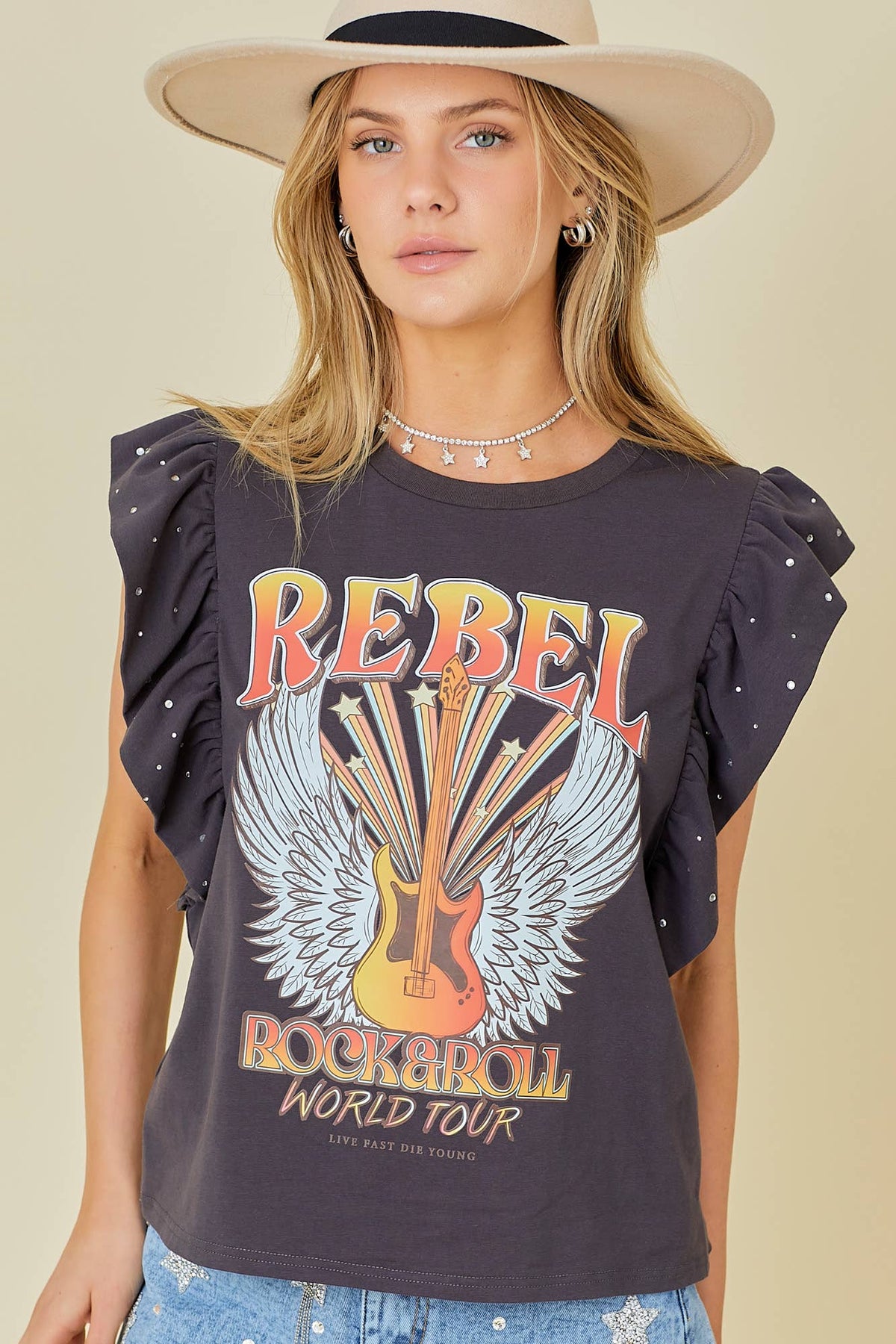 Rock n Roll Print Rhinestone Ruffle Top: CHARCOAL