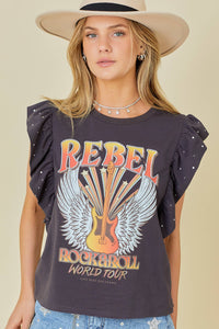 Rock n Roll Print Rhinestone Ruffle Top: CHARCOAL