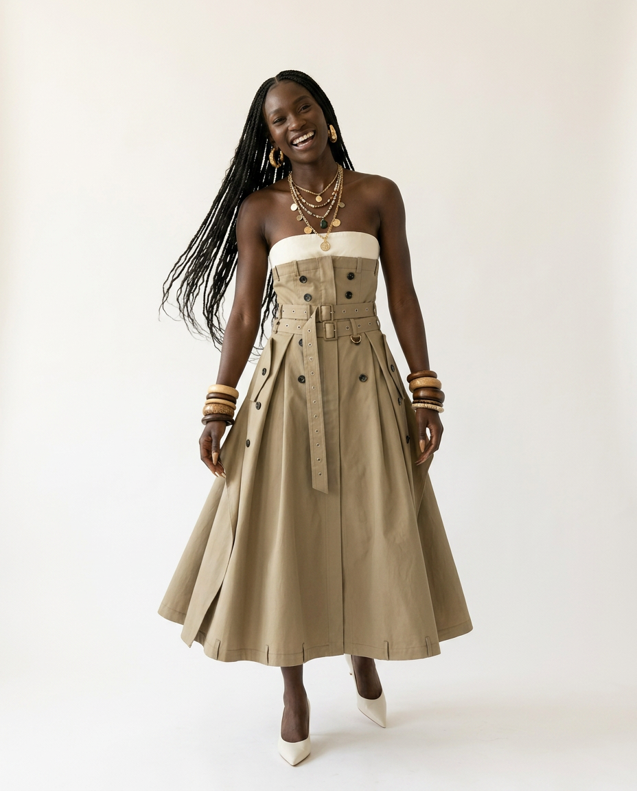 Audacious Strapless Belted Maxi Dress: KHAKI / S