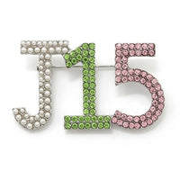 Alpha Kappa Alpha J15 Pearl Rhinestone Brooch: Pink and Green / Rhodium / 1 x 1.85 inches