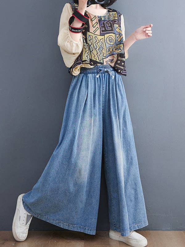 Kennedy Simple Casual Loose Wide Leg Drawstring Jean Pants