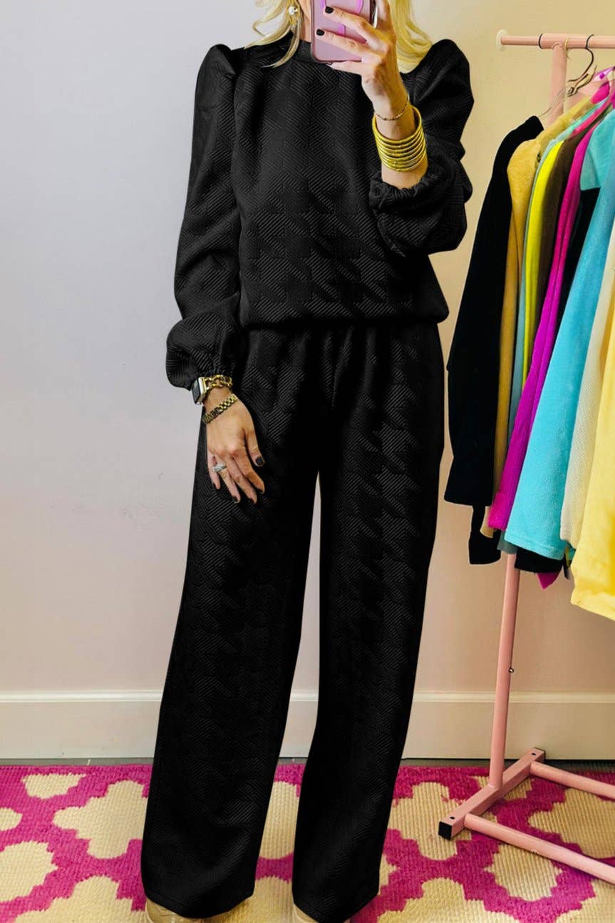 Puff Sleeve Top and Pants Set: Rose Red  or Black