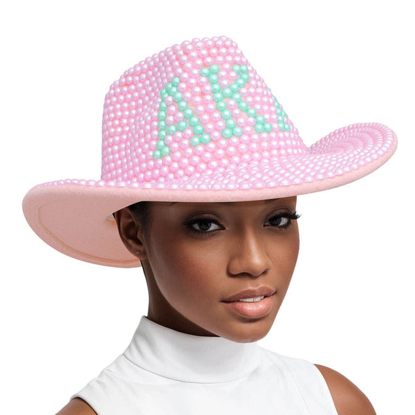 AKA Pink & Green Pearl Wide Brim Fedora Hat AKA Sorority Pink Green Top Fedora Pearl Hat Women – A.M.J.  main image 4
