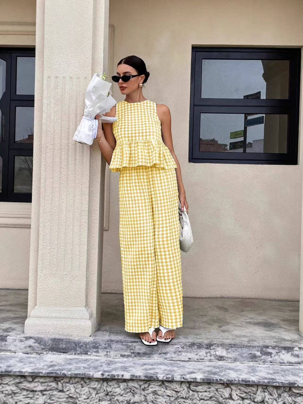 Gingham Pants & Top Set: Black / S