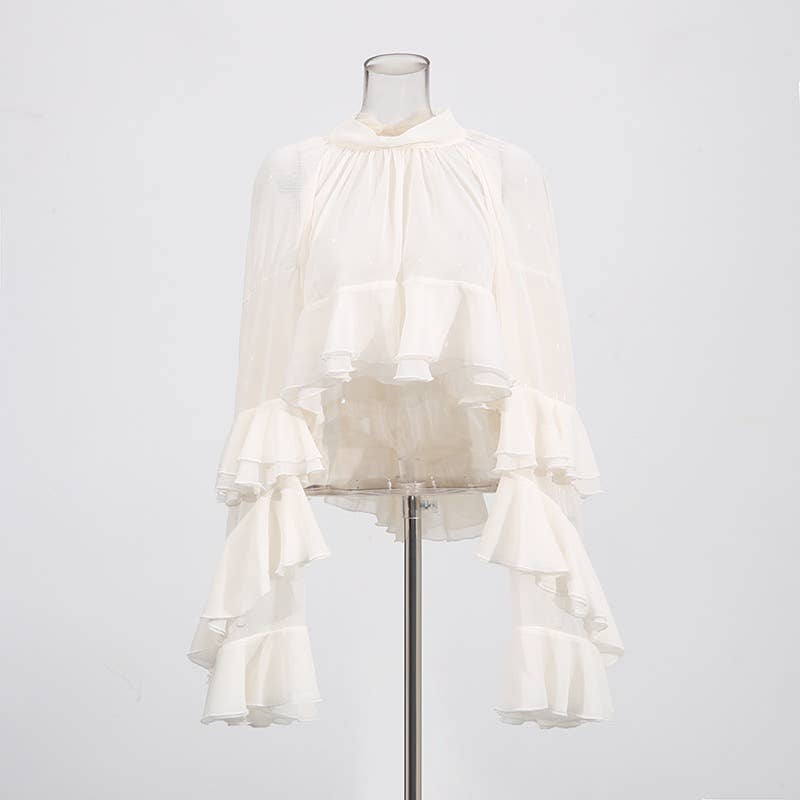 SY636 Layered Ruffle Chiffon Blouse Long Sleeve Chic: Off-White / English / M
