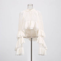 SY636 Layered Ruffle Chiffon Blouse Long Sleeve Chic: Off-White / English / M