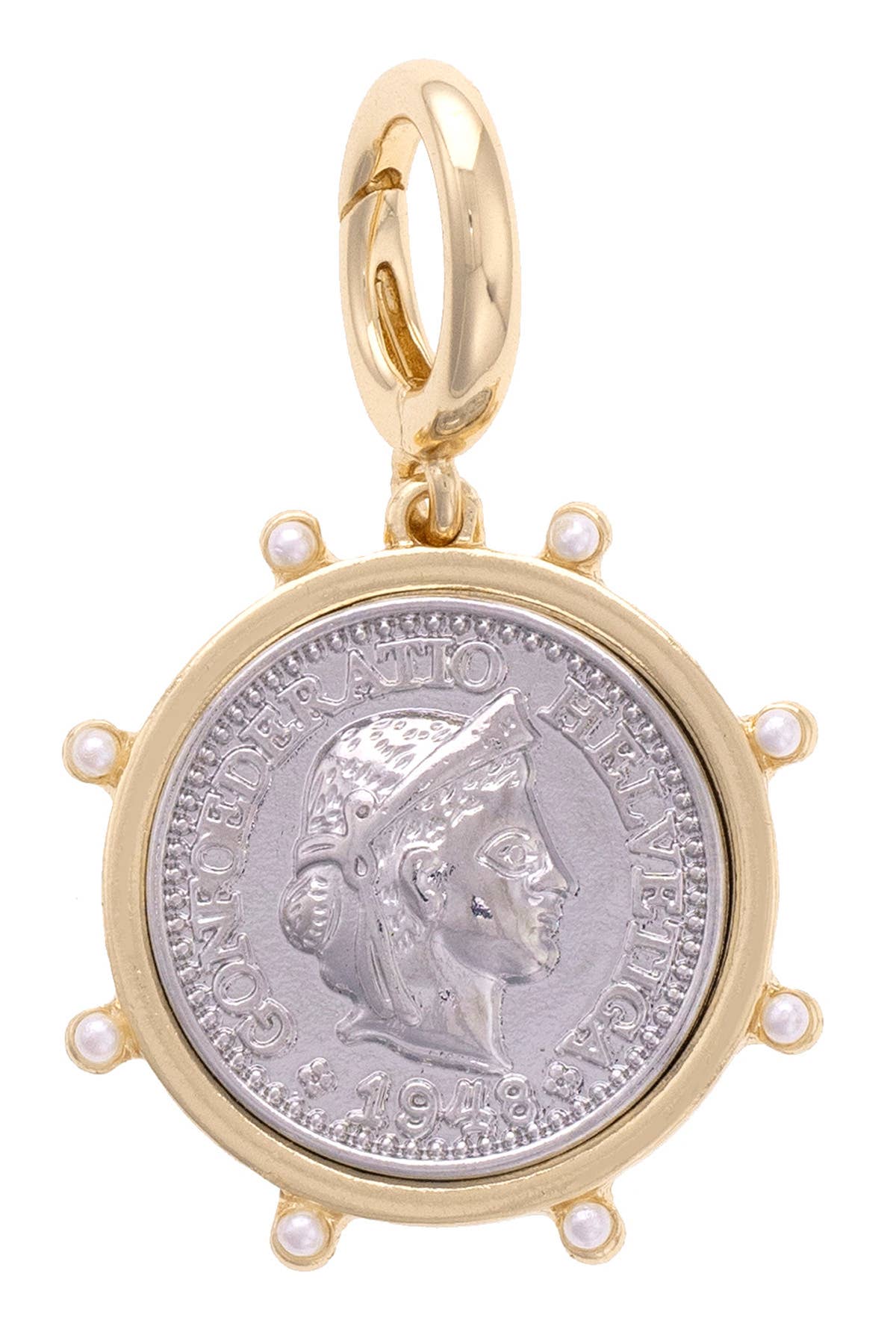 Canvas Style Charm Bar-Studded Coin Pendant Charm in Shiny Two Tone