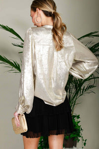 Henley Neck Long Balloon Sleeve Metallic Blouse Top  Metallic Gold