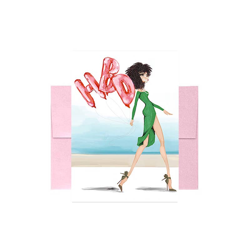 HBD Balloons in Pink & Green Greeting Card