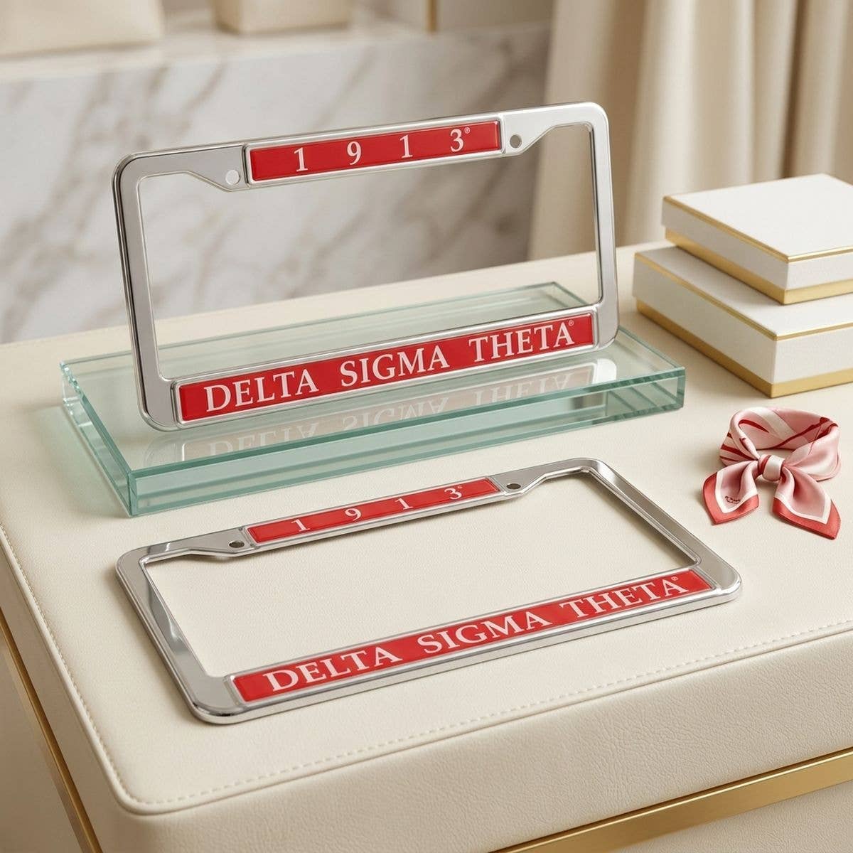 Delta Sigma Theta 1913 License Plate Frame: Animal Print / Rhodium / 6.25 x 12.25 inches