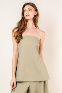 Francis Front Pleat Tailored Pant or Strapless Woven Side Slit Top -OLIVE or IVORY