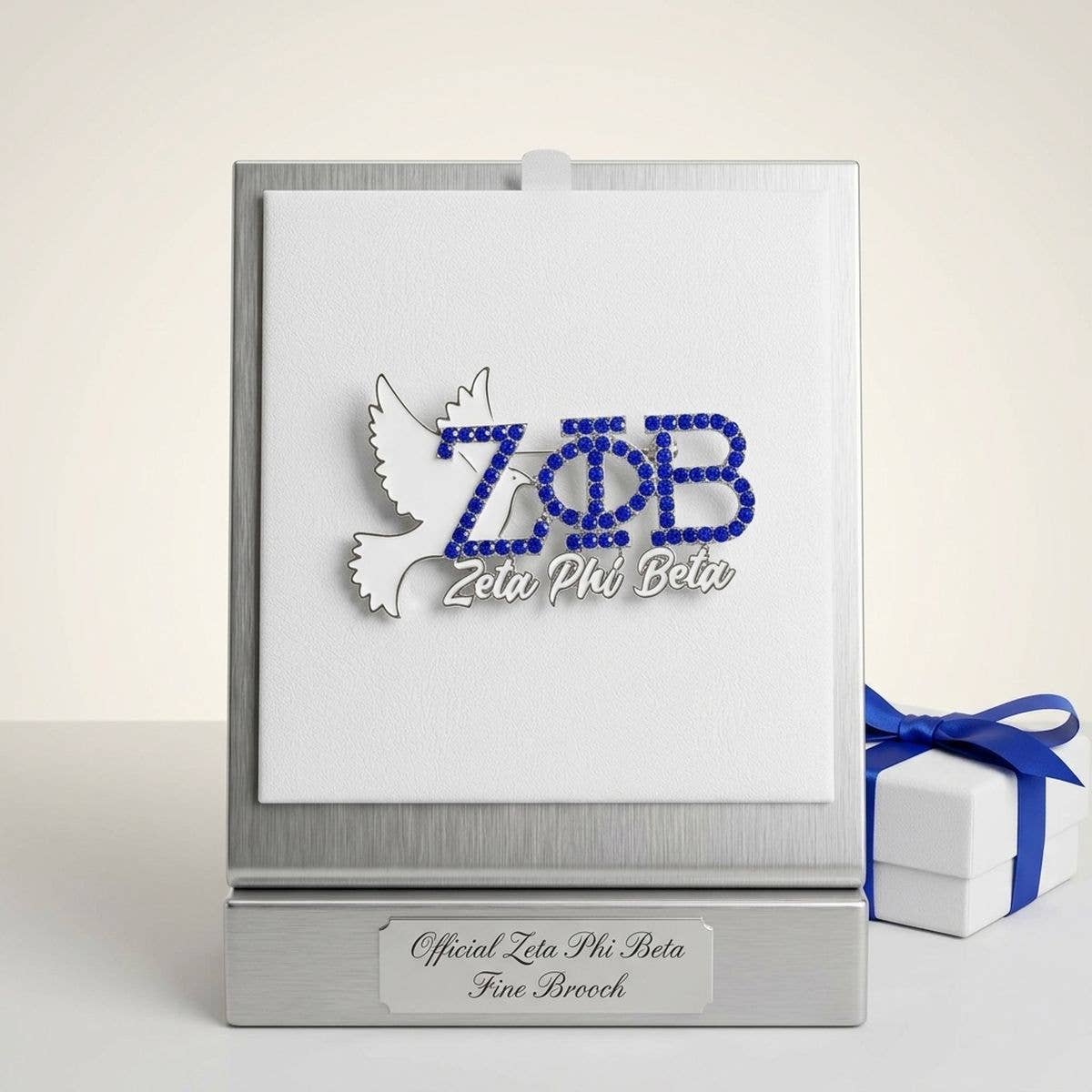 Zeta Phi Beta White Dove Rhinestone Brooch Pin: Blue and White / Rhodium / 1.65 x 2.75 inches