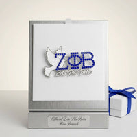 Zeta Phi Beta White Dove Rhinestone Brooch Pin: Blue and White / Rhodium / 1.65 x 2.75 inches