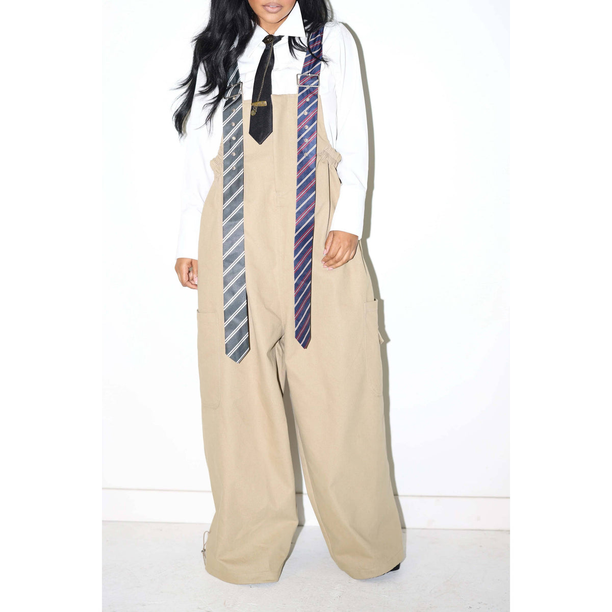 Executive Edge Taupe Stripe Tie Strap Detail Wide Leg Jumpsuit