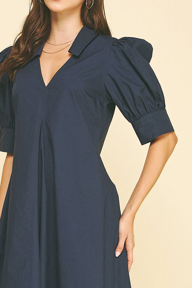 Harriet Navy V-NECK PLEATED A-LINE DRESS