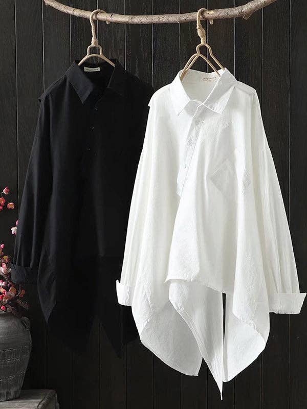 Urban Loose Black White Long Sleeves Irregular Blouse: BLACK / One_size