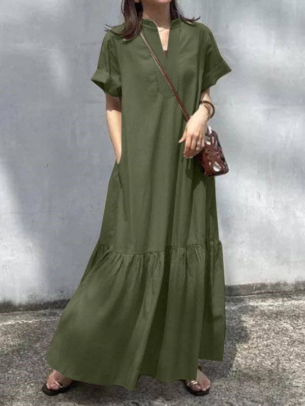 A-Line Loose Solid Color Split-Joint V-Neck Maxi Dresses: KHAKI / S