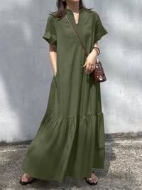 A-Line Loose Solid Color Split-Joint V-Neck Maxi Dresses: KHAKI / S