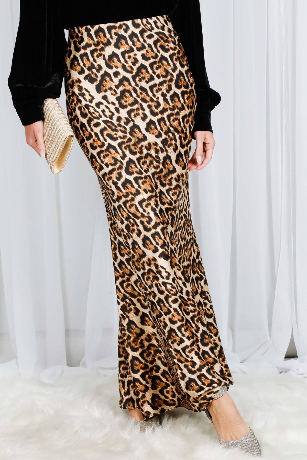 Henley Neck Elastic Smocked Leopard Print Blouse or  Leopard Print Bias Cut Satin Maxi Skirt