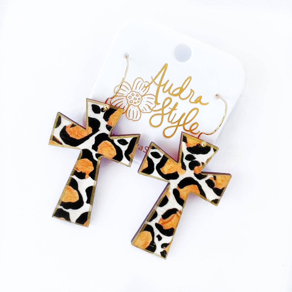 Cross Dangle Earring- Leopard Print-Religious
