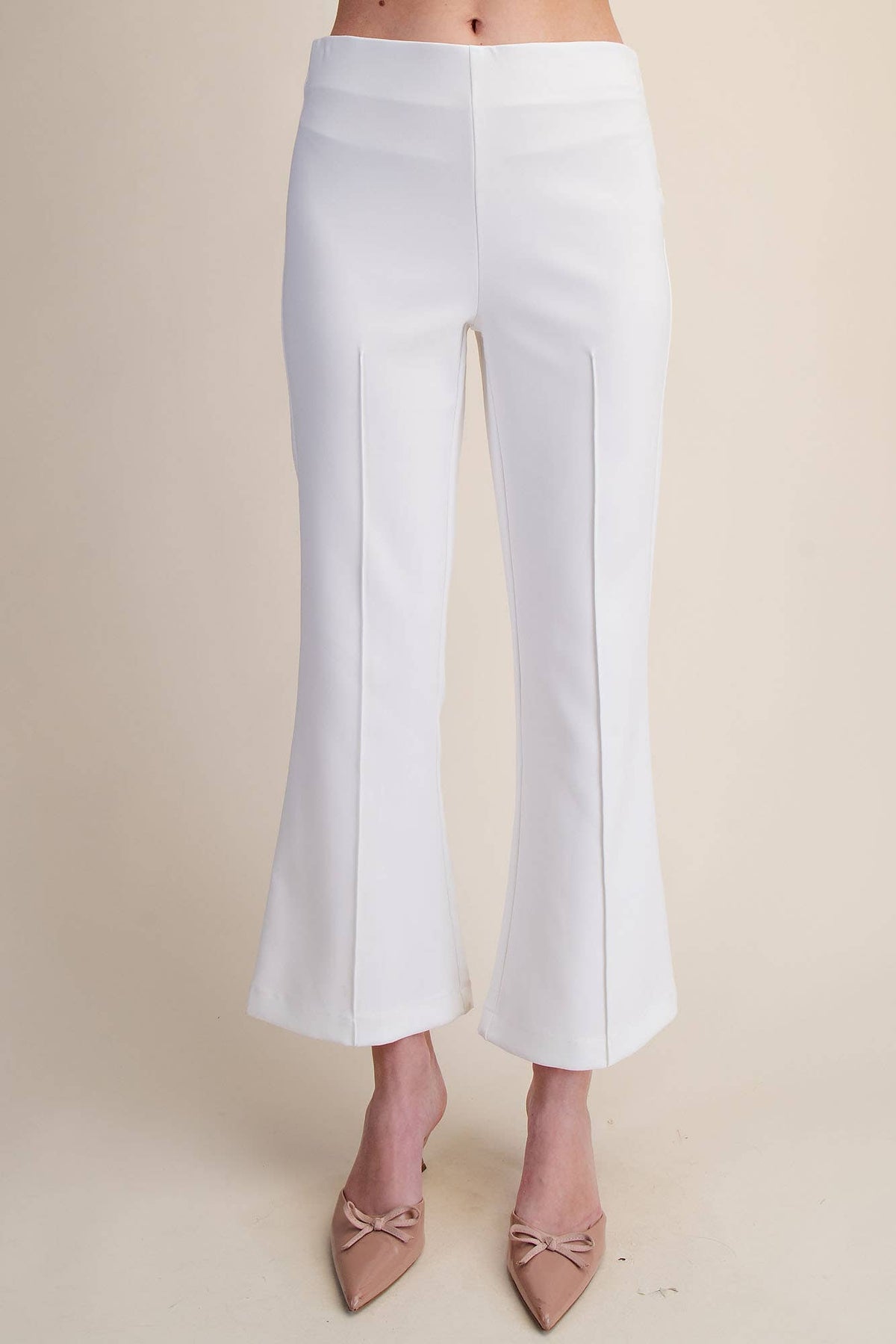 High Waist Stitch Pleats Flare Crop Stretchy Pants: Red / S