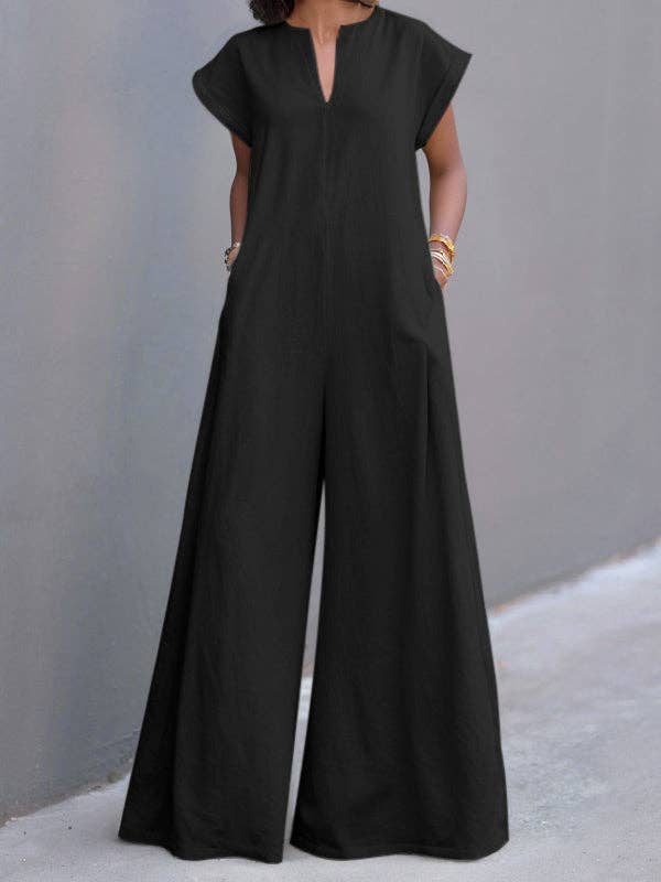 High Waisted Loose Pleated Pockets Solid Color V-Neck Jumpsuits: GREEN / S