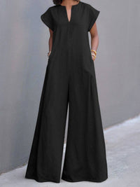 High Waisted Loose Pleated Pockets Solid Color V-Neck Jumpsuits: GREEN / S
