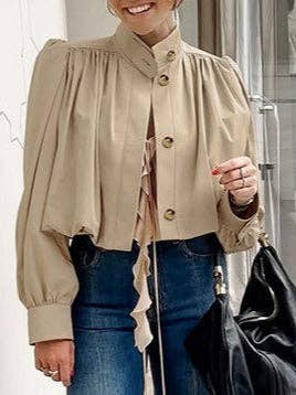 Bubble Sleeve Cropped Trench Coat Women Khaki N6D088: Khaki / L