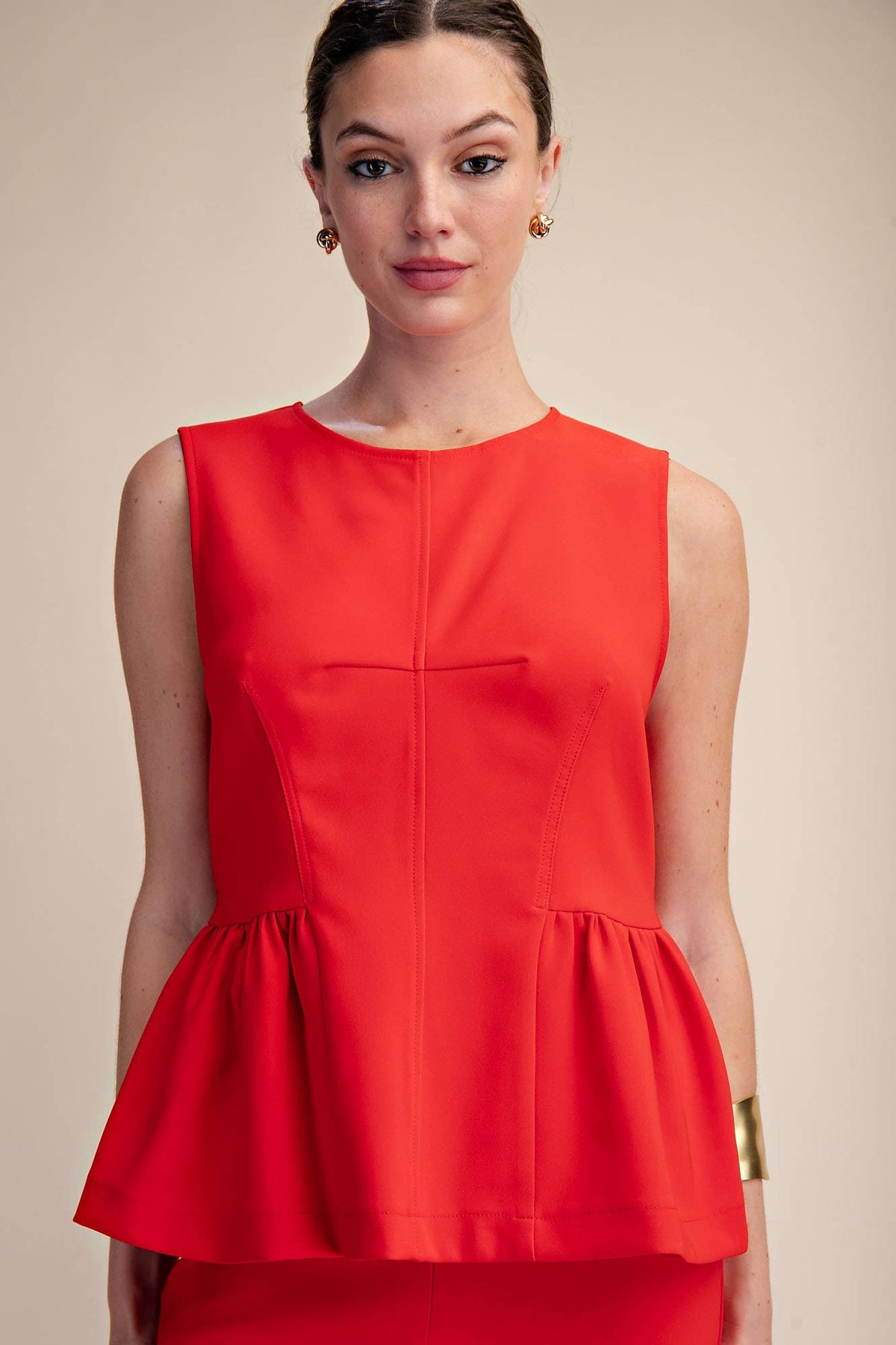Peplum Top Round Neck Stitch Detail : Red / S