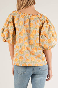Tulip Jacquard Puff Sleeve Off Shoulder Top: Tangerine Multi
